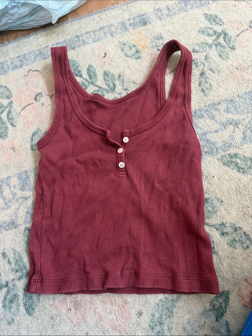 Ribbed Henley Tank Top - Burgundy